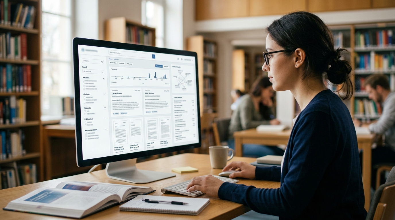 Scholar conducting digital research discovery on academic repository workstation